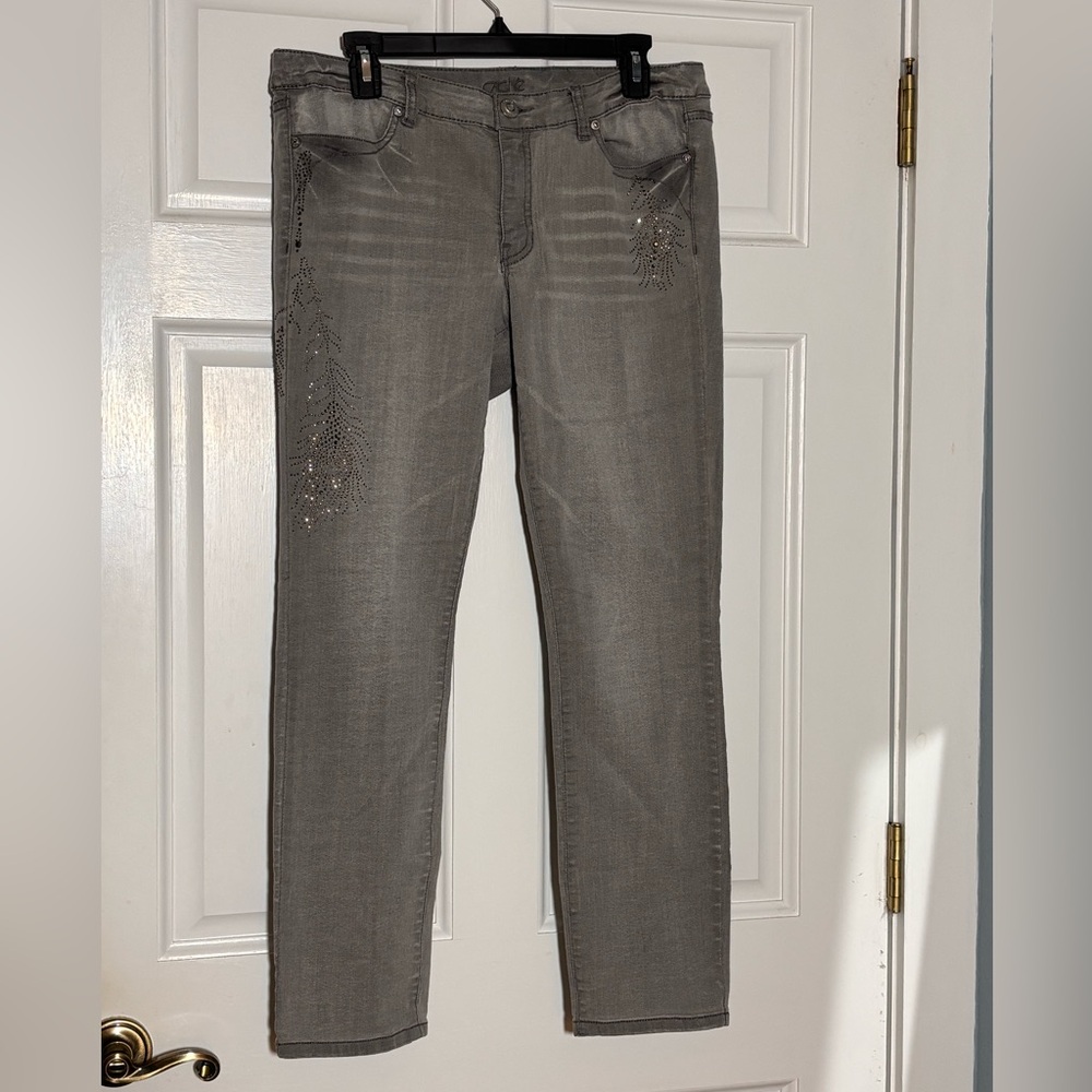 Cache Gray Denim Jeans Rhinestone Detailing Size 12